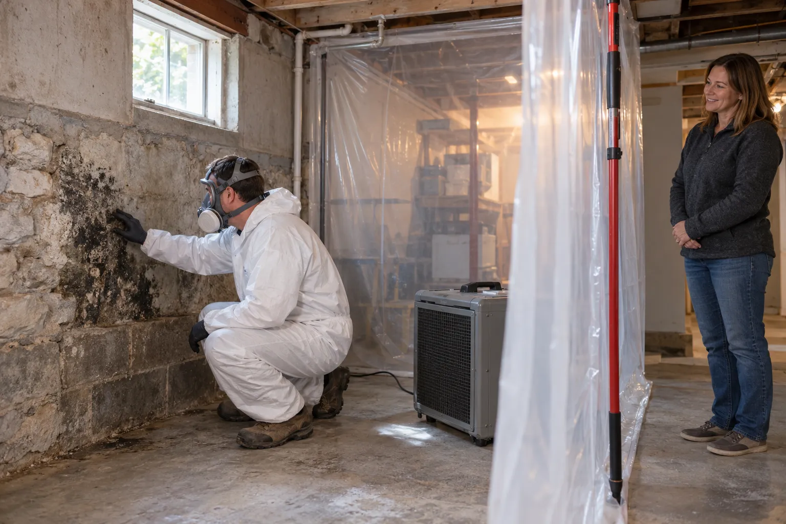 A local provider inspecting a dark mold patch on a basement wall in a Tinton Falls home