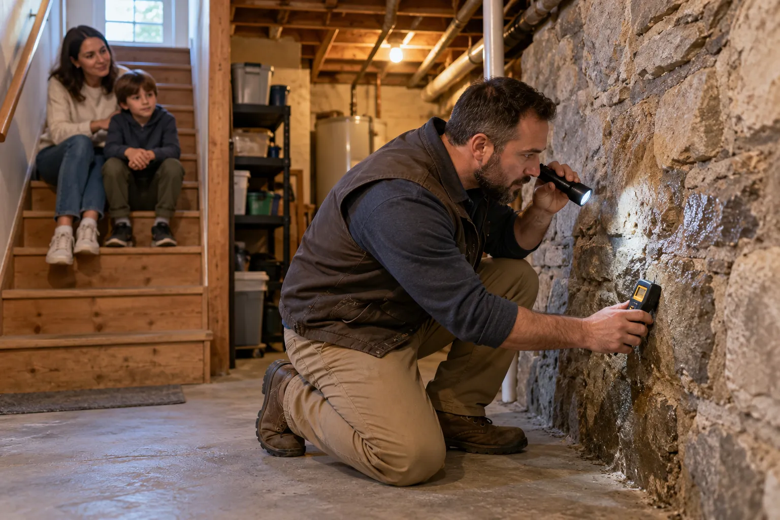 Provider checking a basement wall for moisture in the Tinton Falls area