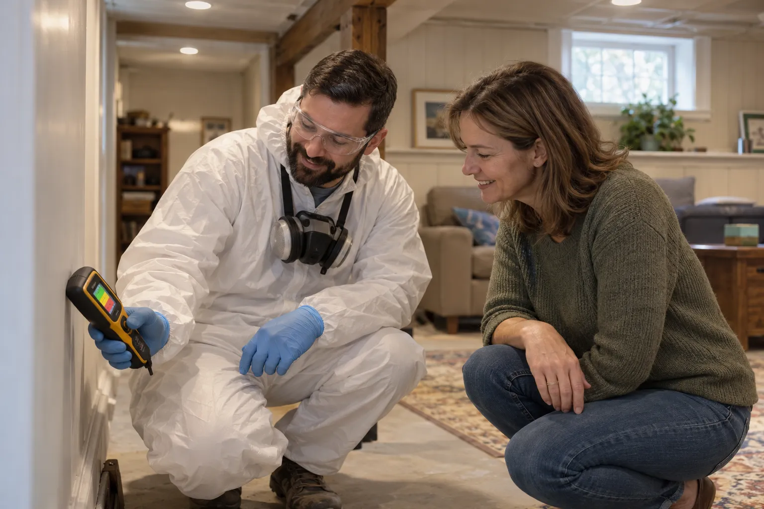 Homeowner reviewing a mold inspection with a local provider in Tinton Falls
