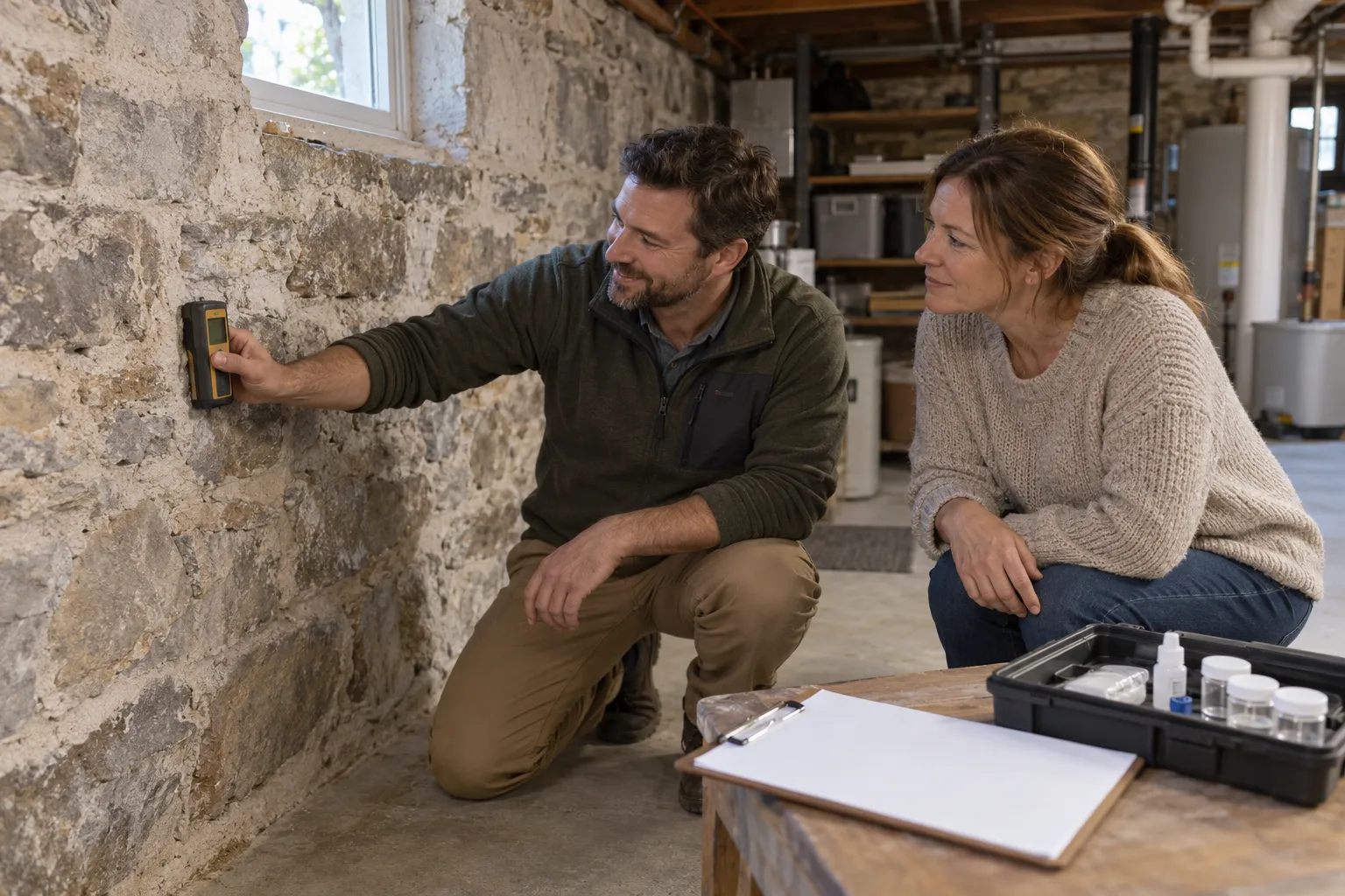 A friendly mold inspection provider checking a basement wall with a moisture meter in a Tinton Falls home