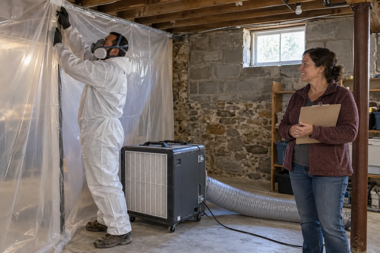 Provider setting up plastic containment barriers in a Tinton Falls basement for mold remediation